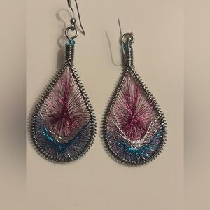 Boho Sparkly Pink, Silver, and Blue threads in Teardrop Wire Earrings
